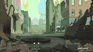 a cartoon scene from adult swim shows a manhole cover in the middle of a city street