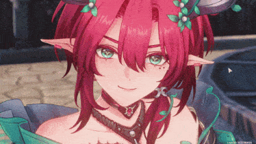 a screenshot of a video game shows a woman with red hair and green eyes
