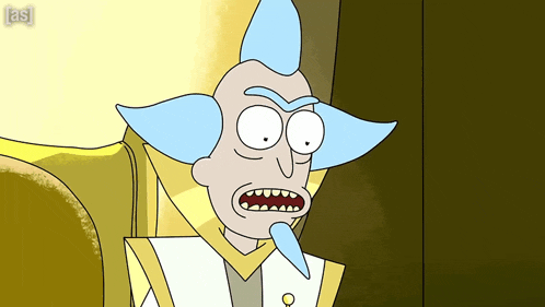 a cartoon of rick from rick and morty sitting in a chair with his mouth open