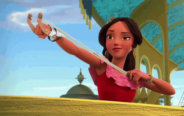 a cartoon girl is playing with a slingshot