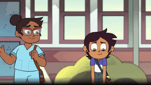 two cartoon characters are standing next to each other .