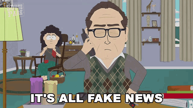 a cartoon of a man talking on a cell phone with the words it 's all fake news below him