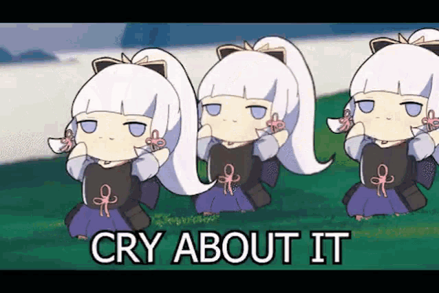 a group of three little girls are standing next to each other in a field and they are crying about it .