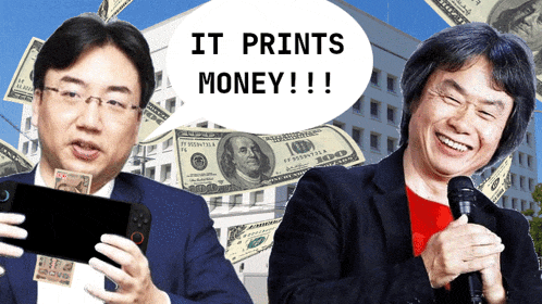 a man holding a phone next to a man holding a microphone with a speech bubble saying it prints money