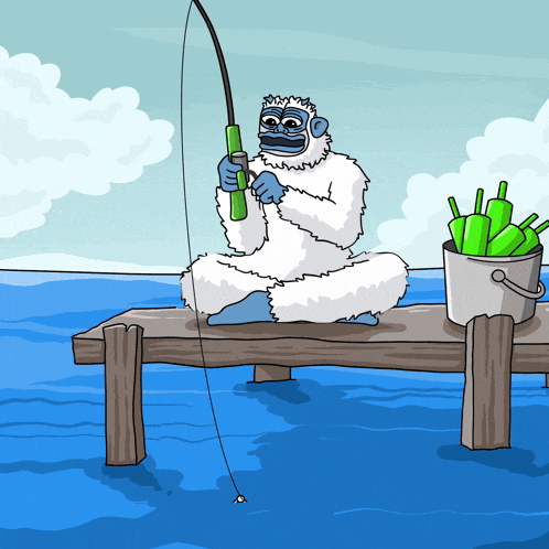 a cartoon of a yeti fishing on a pier
