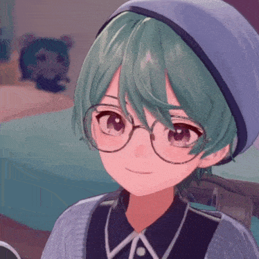a girl with green hair and glasses is wearing a blue hat