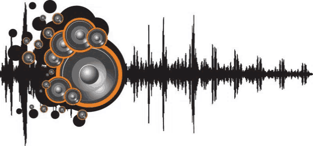 a graphic of a sound wave with a speaker in the middle