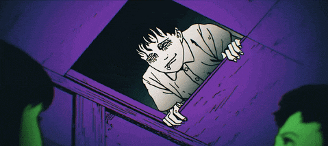a black and white drawing of a boy peeking out of a purple box