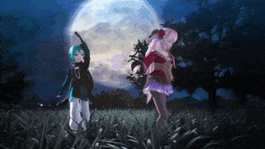 a boy and a girl standing in a field with a full moon in the background