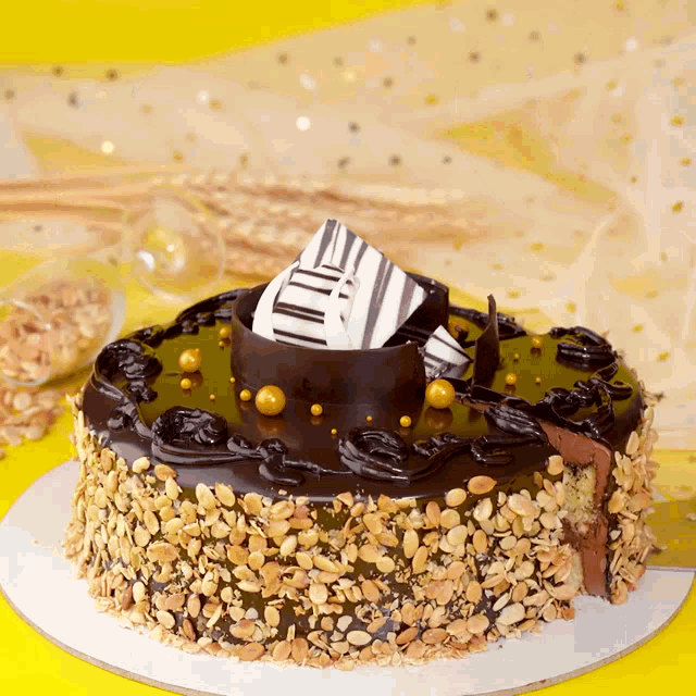 a chocolate cake with nuts and chocolate decorations on top