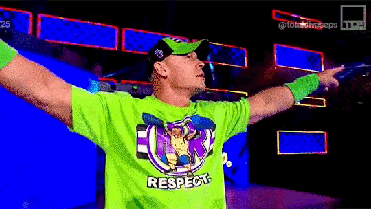 a man in a green shirt that says respect on it
