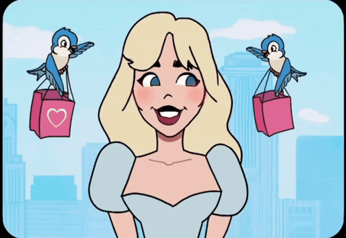 a cartoon of a woman with two birds carrying shopping bags with a heart on them