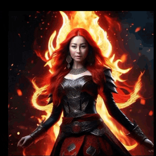 a woman with red hair is wearing armor and surrounded by fire
