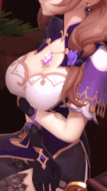 a close up of a woman 's breasts with a purple necklace