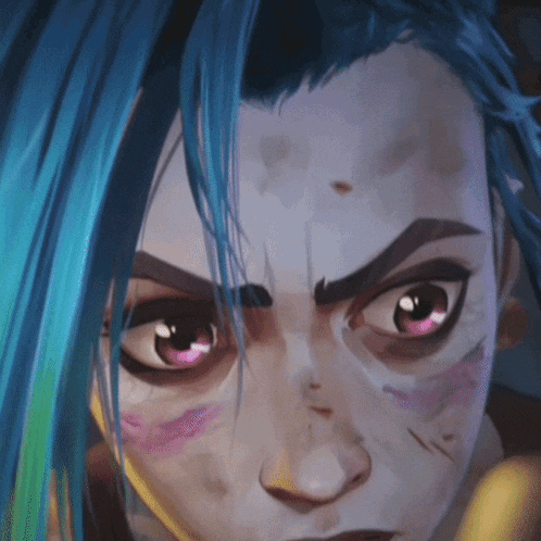 a close up of jinx 's face with blue hair