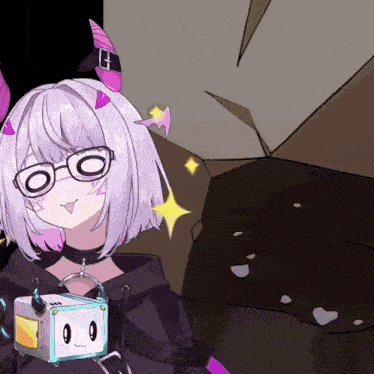a cartoon of a girl with glasses and horns holding a robot