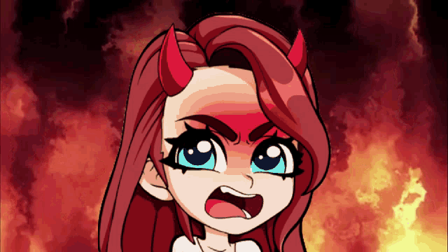 a cartoon drawing of a girl with red horns and a fire background