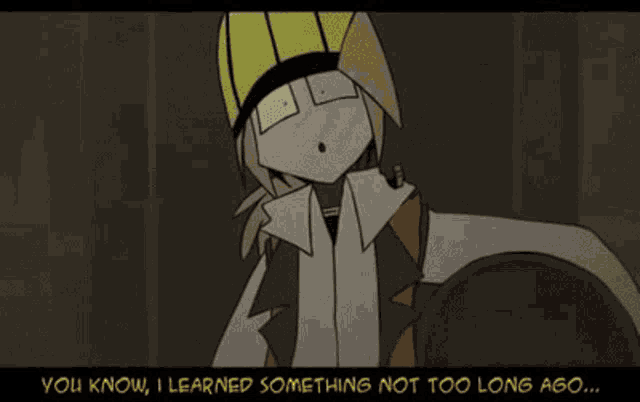 a cartoon character is holding a large knife while kneeling down .