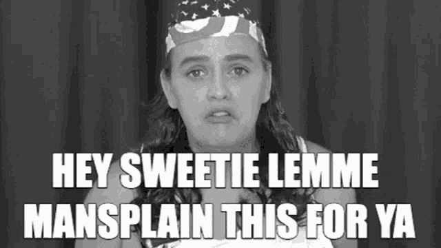 a black and white photo of a woman wearing an american flag headband and a bandana .