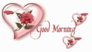 a pink heart with red roses and the words `` good morning ''