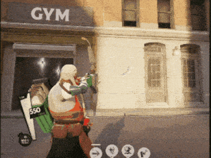 a man holding a bow and arrow in front of a gym