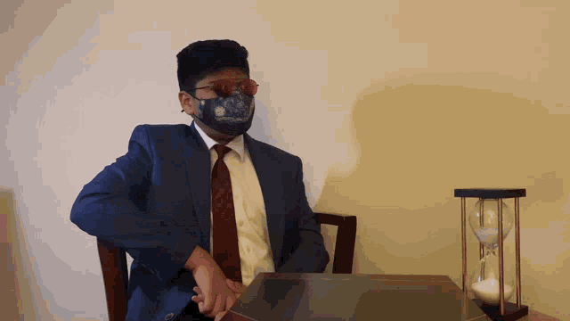 a man wearing a mask and sunglasses sits at a desk