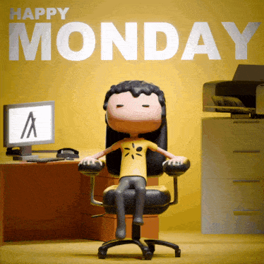 a cartoon character is sitting in an office chair with the words happy monday behind her
