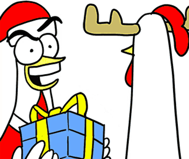 a cartoon chicken is holding a blue box with a yellow ribbon