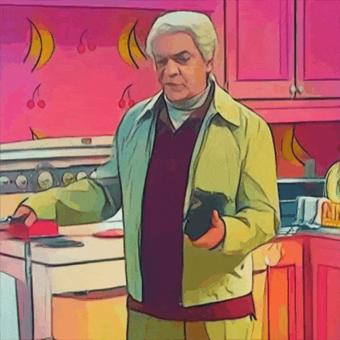 a cartoon of a man standing in a kitchen