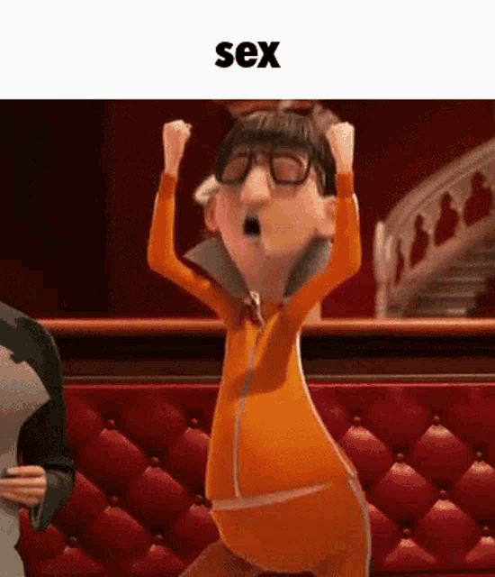 a cartoon character is standing in front of a red couch with his hands in the air and a caption that says sex .