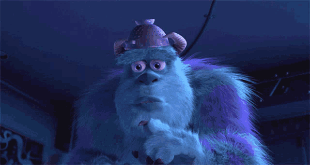 sulley from monsters inc is wearing a purple fur coat and a pink hat