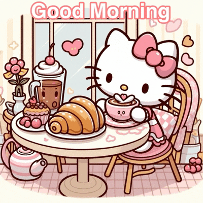 hello kitty sits at a table with a cup of coffee and croissants