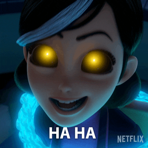 a close up of a cartoon character with glowing eyes and the words ha ha on the bottom