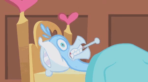 a cartoon character is laying in bed with a thermometer in his mouth and the words demam tinggi bos