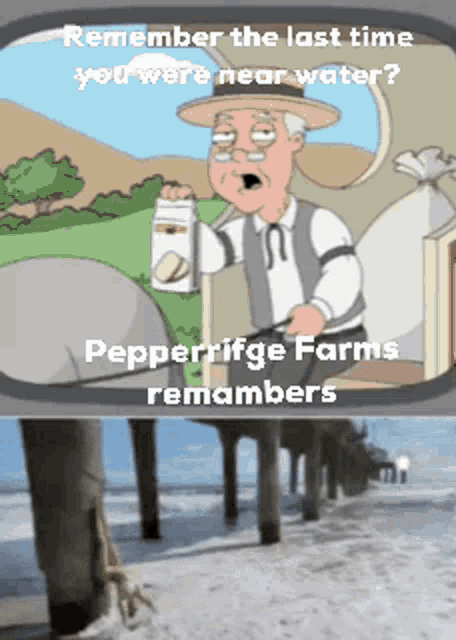 a cartoon of a man holding a carton of milk next to a pier