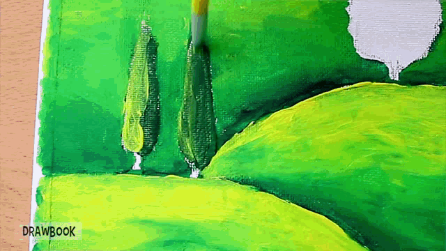a painting of trees on a hill with drawbook written below it