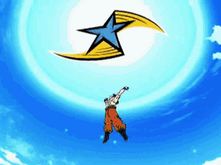 a man in orange pants is flying through the air with a blue star behind him