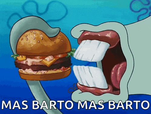 a cartoon of a spongebob character eating a hamburger with the words mas barto mas barto below it