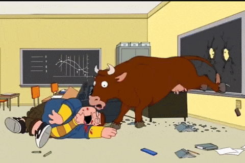 a cartoon of a bull attacking a boy in a classroom