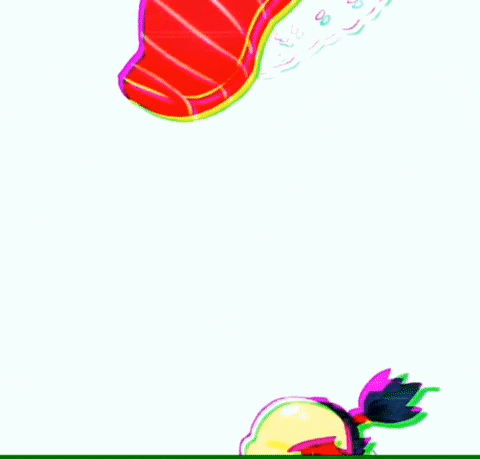a colorful cartoon drawing of a person wrapped in sushi with a tail .