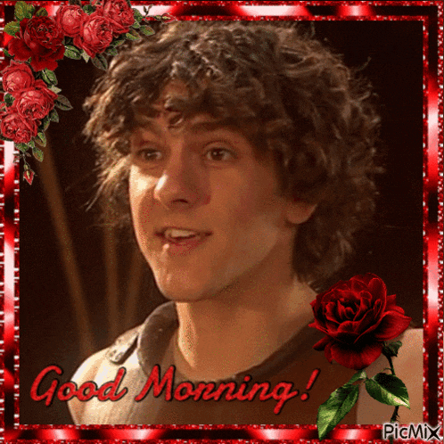 a picture of a man with curly hair is surrounded by red roses and the words good morning