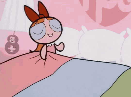 a cartoon girl is laying on a bed surrounded by stuffed animals and a number 8