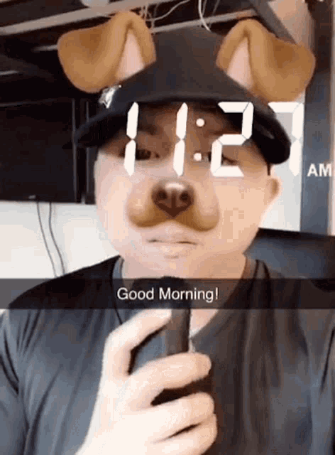 a man wearing a dog mask with a clock on his face says good morning