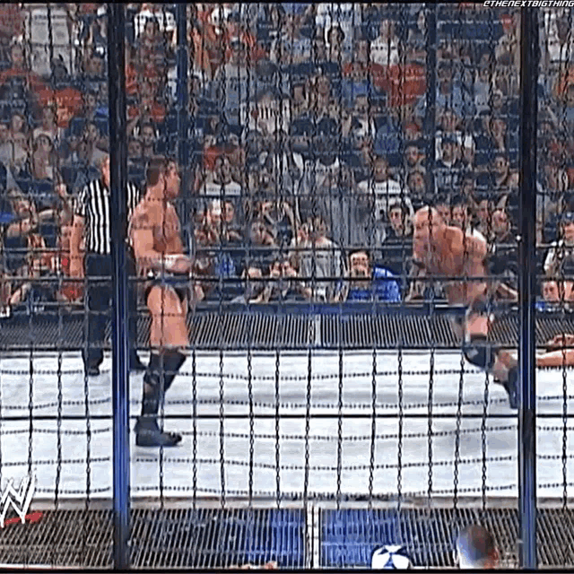 two men are wrestling in a cage with a referee behind them .