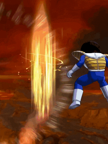 a cartoon character in a blue outfit is flying through the air with a yellow light behind him