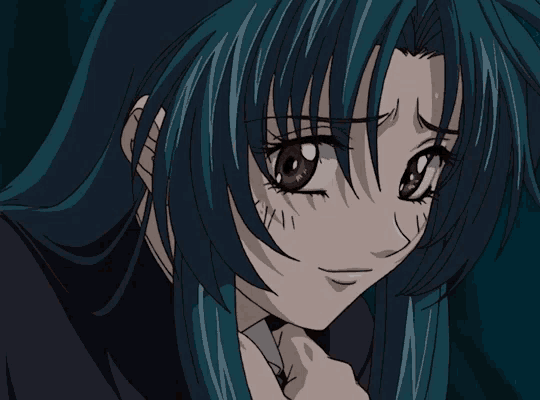 a close up of a girl with blue hair and a black shirt