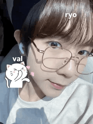 a close up of a person 's face with glasses and a cat on it .