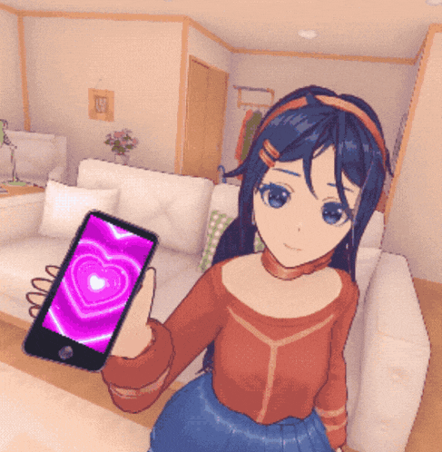 a girl with blue hair is holding a cell phone with a heart on the screen