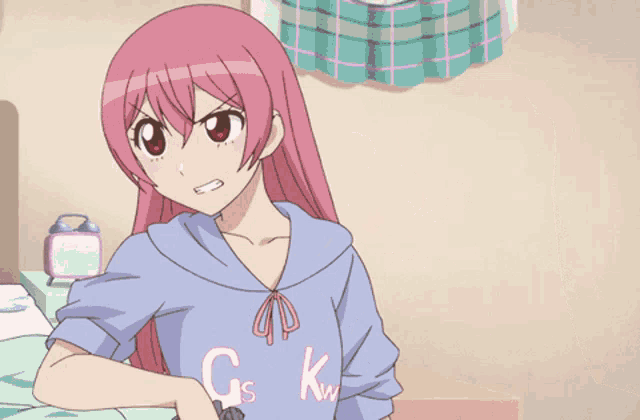 a girl with pink hair is pointing a gun at another girl with gskw written on her shirt