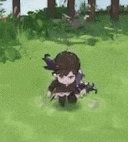 a cartoon character is running through a field of grass .